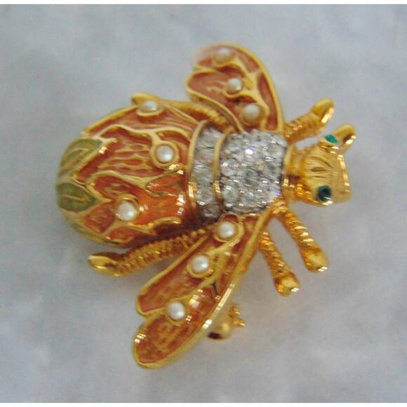 Joan Rivers Crystal Lily Of The Valley Flower BEE PIN Brooch Gold Pave Crystal - Picture 2 of 5